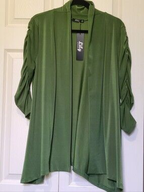 Lily by Fermiana Olive Green Ruched Sleeve Knit Draped Open Front Cardigan Large